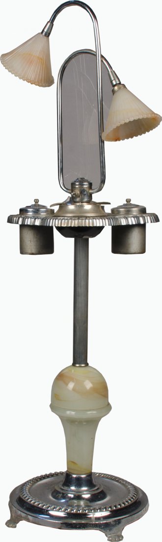Ornate Art Deco Electric Lamp Smoking Stand: Ornate Art Deco Electric Lamp Smoking Stand w/ 2 lamps w/ off white glass shades w/ all 4 accessories (2 holders & 2 ashtrays), Playing card motif w/ diamond, heart, spade & club embossed detail - 38"