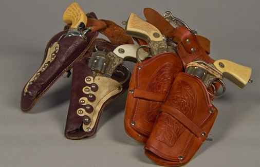 Lot Of 4 - Vintage "Pony-Boy" Cap Guns: Lot Of 4 - Vintage "Pony-Boy" Cap Guns, by Actoy w/ 2 - Double Holsters (1-cap gun w/ broken hammer)