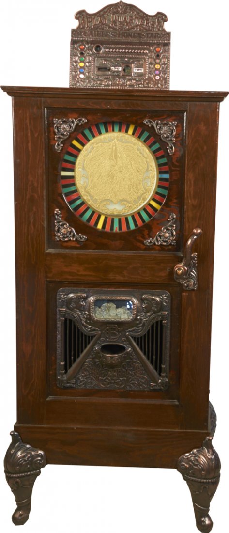 25 Cent Upright Wood Cabinet Slot Machine: 25 Cent Upright Wood Cabinet Slot Machine, Single play w/ jackpot, Non-original mechanism & castings. This is a homemade machine. Working w/ key