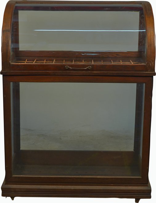 Vintage Wood & Curved Glass Top Floor Model Display: Vintage Wood & Curved Glass Top Floor Model Display Cabinet Show-Case w/ 4-small wheels - 36" x 18" x 48"h