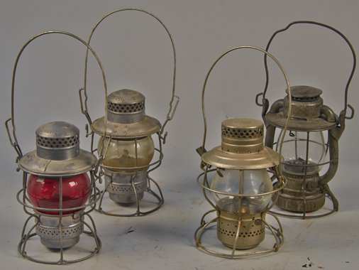 Lot of 4 - Antique/Vintage Misc. Railroad Lanterns:: Lot of 4 - Antique/Vintage Misc. Railroad Lanterns: 1 - R.E. DIETZ "VESTA" c1910 w/ "N.Y.C. Lines" embossed glass globe, 1 - HANDLAN c1915 "N.Y.C.S.", 1 - Adlake-Kero 1-57 "N.C. & ST.L." & 1 - Adlake-