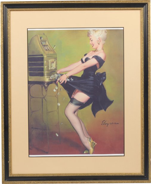 Gil Elvgren "Jackpot" Pin Up Girl Print In Frame: Gil Elvgren "Jackpot" Pin Up Girl Print On Canvas In Frame, Featuring pretty blonde catching coins in her dress from an early Mills high top slot machine (original was made c1949) - 24" x 29"