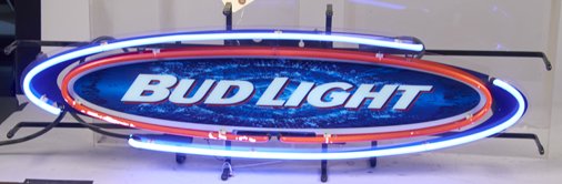 Bud Light Beer Neon Bar Sign: Bud Light Beer Neon Bar Sign, Plastic Bud Light logo oval sign w/ 2-color neon borders - 36" x 12"