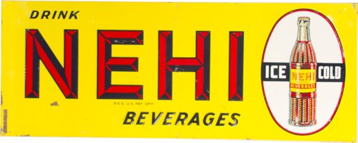 Drink Nehi Beverages Embossed Tin Sign: Drink Nehi Beverages Embossed Tin Sign, "Ice Cold" featuring bottle, The Donaldson Art Sign Co. Covington, KY No. 1507 - 29" x 11"