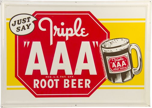 Just Say Triple "AAA" Root Beer Embossed Tin Sign: Just Say Triple "AAA" Root Beer Embossed Self-Framed Tin Sign, Featuring root beer mug - 27 3/4" x 19 3/4"