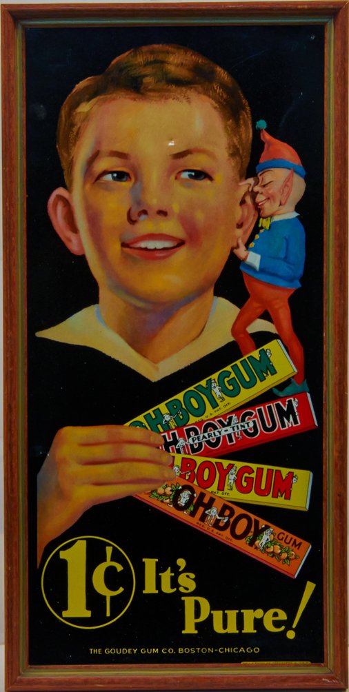 OH BOY GUM Tin Advertisement Sign,: OH BOY GUM Tin Advertisement Sign, The Goudey Gum Co., Boston-Chicago "1c It's Pure", by The H.D. Beach Co. Coshocton, O. USA., in wood frame - 8" x 16"