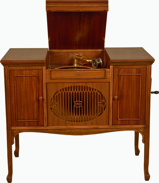 Antique The Brunswick Model C Floor Console Phonograph: Antique The Brunswick Model C Floor Console Phonograph, No. 138499 "All Phonographs In One" by The Brunswick-Balke-Collender Co., Pat. 1916-1920, Wood cabinet w/ record storage w/ 2 RCA Victor records