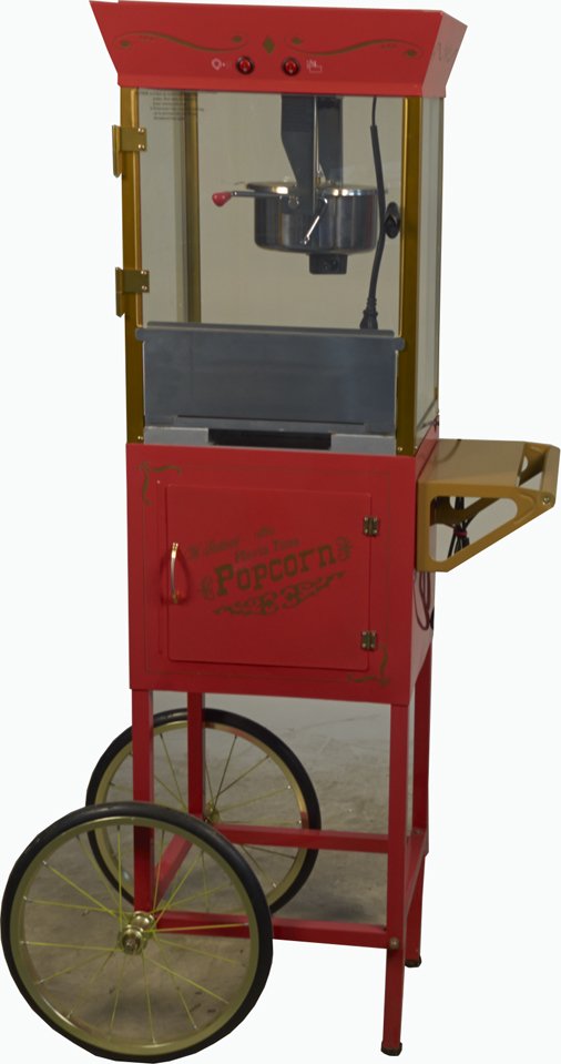 Nostalgia Electrics Popcorn Machine Cart On Wheels: Nostalgia Electrics Popcorn Machine Cart On Wheels, "Old Fashioned Movie Time Popcorn" Model No. CCP-509 by The Helman Group Ltd. resembles late 1800's-early 1900's corner vendor style cart but w/ mod