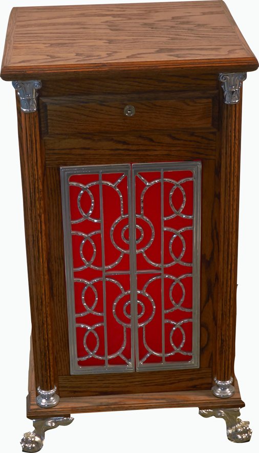 Chrome & Oak Light-Up Slot Machine Stand: Chrome & Oak Light-Up Slot Machine Stand w/ Claw Feet, Column detail & red front w/ locking drawer w/ keys - 19" x 17" x 34"h