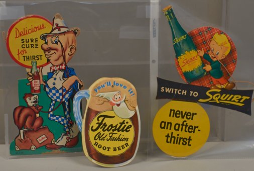 Lot of 3 - Misc. Beverage Cardboard Die-Cut Advertiseme: Lot of 3 - Misc. Beverage Cardboard Die-Cut Advertisement Items: 1 - "Squirt" double sided, light-pull w/ original string - 6" x 9"h., 1 - "Frostie Old Fashioned Root Beer" double sided, light-pull (n