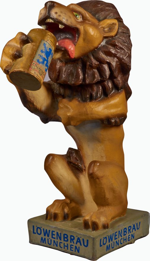 Lowenbrau Munchen 3D Figural Lion Advertising Display: Löwenbräu München 3D Figural Lion Countertop Advertising Display, Featuring lion drinking a mug of beer, Composite materials - 34"h