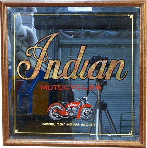 "Indian Motocycles" Hand-Painted Beveled Glass Mirror: Indian Motocycles" Hand-Painted Beveled Glass Mirror In Oak Frame, Featuring painted motorcycle picture "Model 101 Indian Scout", Gold & copper detail, Pinstriping - 24" x 24
