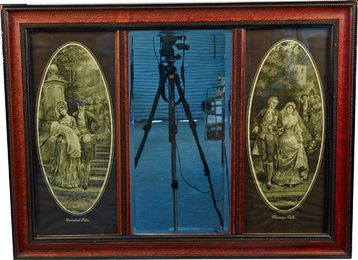 3-Panel Mirror And Pictures In Fancy Frame: 3-Panel Mirror and Pictures in Fancy Frame, 2 oval pictures in left & right columns: "Cannubial Bliss" featuring Victorian couple w/ baby & "Marriage Bells" featuring Victorian couple, Beveled glass m