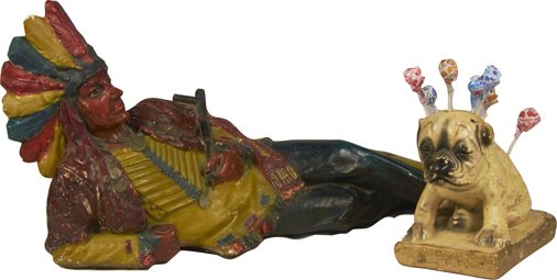 Lot of 2 Store Countertop Displays:: Lot of 2 Store Countertop Displays: 1 - Ohio Matches figural painted Indian laying on his side - 22" x 12" & 1 - Morses Pure Pops figural painted bulldog lollipop holder - 7" x 5" x 7"