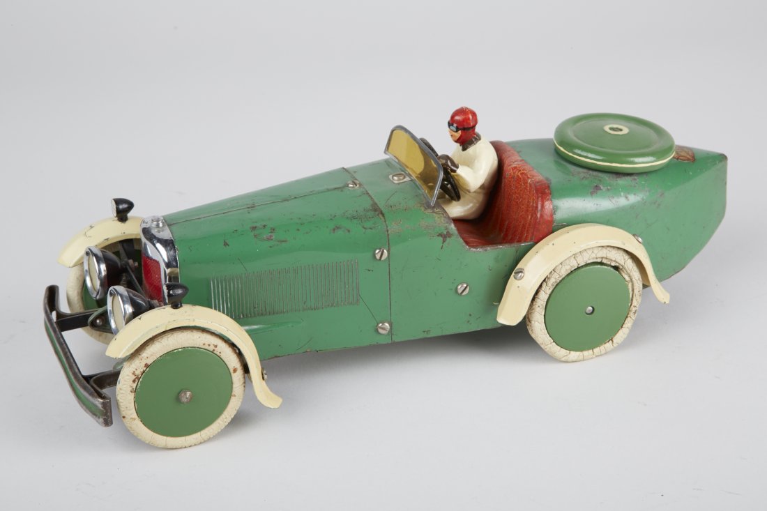 Meccano No. 2 Constructor Pressed-Steel Toy Race Car: Meccano No. 2 Constructor Pressed-Steel Toy Race Car c1933-40, Made In France, wind-up, yellow fenders, green body, white rubber tires w/ driver & wind-key - 12"l