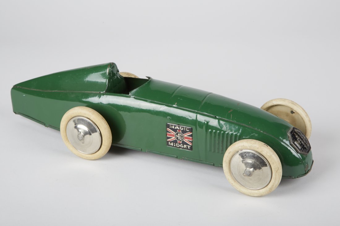 Triang Toys "MG - Magic Midget" Pressed-Steel: Triang Toys "MG - Magic Midget" Pressed-Steel Toy Race Car, Made In England, wind-up, green - 16"l