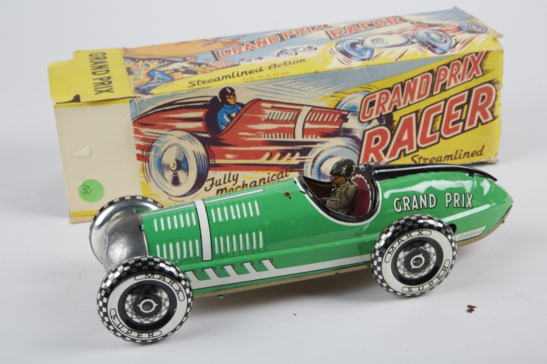 Marx "Grand Prix Racer" Litho. Tin Toy Race: Marx "Grand Prix Racer" Litho. Tin Toy Race Car, Made In Great Britain, wind-up w/ streamlined action, fully mechanical, green & black w/ box - 11"l