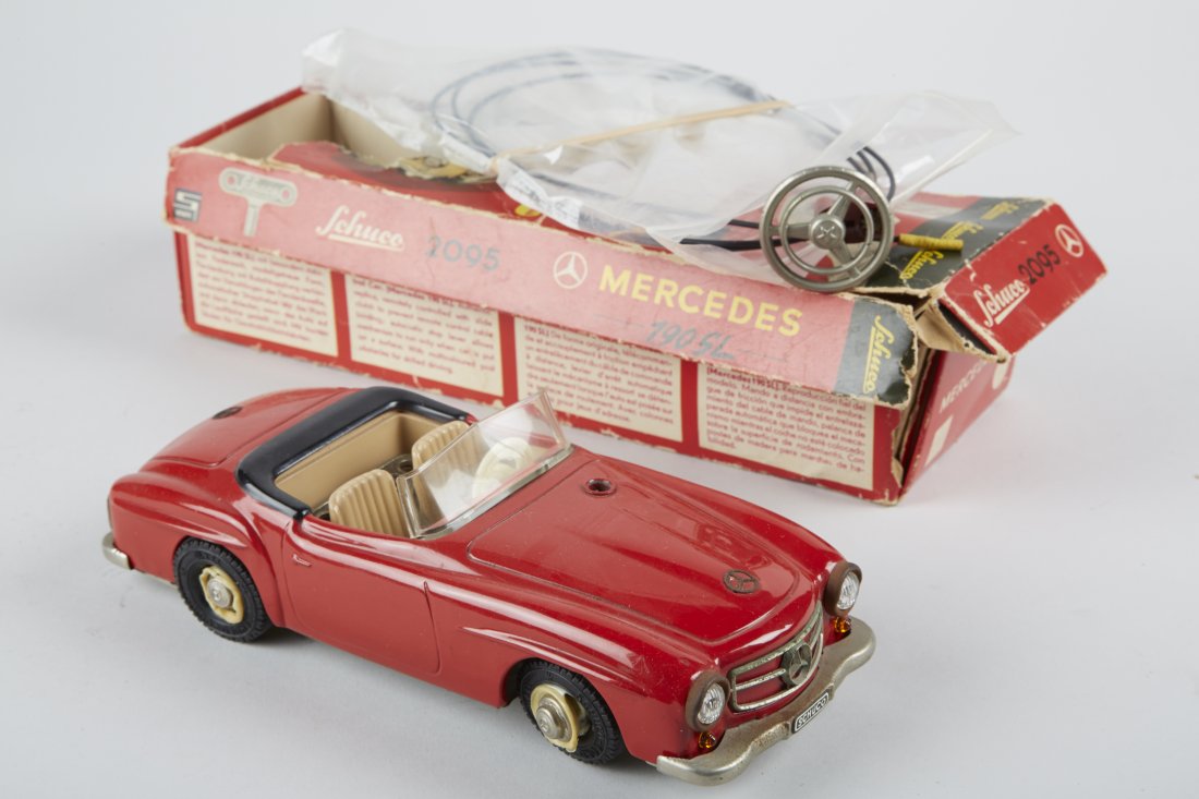 Schuco, Mercedes 190SL - 2095, Litho. Tin Toy: Schuco, Mercedes 190SL - 2095, Litho. Tin Toy Race Car, c1950's, Made In Western Germany, wind-up clockwork, remote control w/ box - 8"l