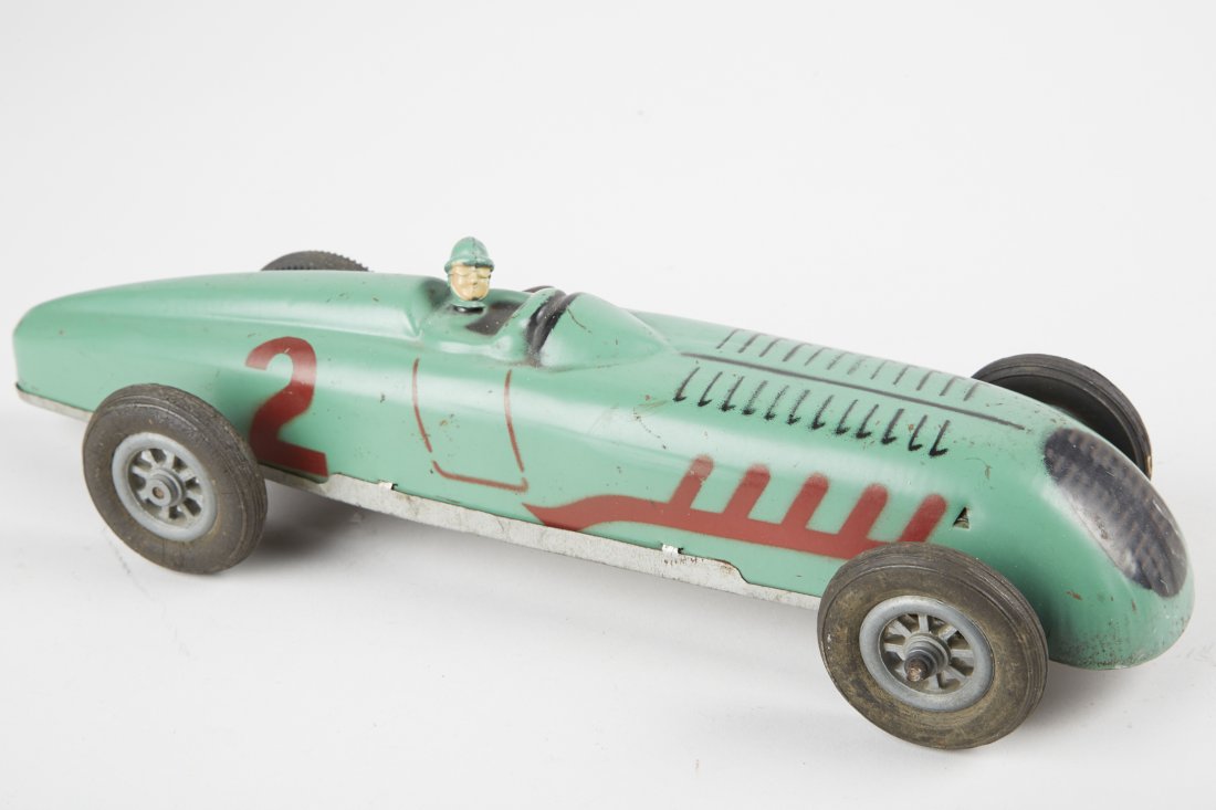 JEP, No. 2, Open-Wheel Litho. Tin Toy Race Car: JEP, No. 2 Open-Wheel Litho. Tin Toy Race Car, Made In France, wind-up clockwork motor w/ black rubber tires & driver - 12"l