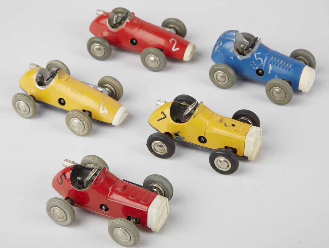 Lot of 5 - Schuco Die-Cast & Plastic Micro Rac: Lot of 5 - Schuco Die-Cast & Plastic Micro Racer c1950's Toy Race Cars, Made In Germany, Wind-Up w/ Rubber Tires: 2 - No. 1041's, 2 - No. 1040's & 1 - 1042 - all approx. 3" to 4"l