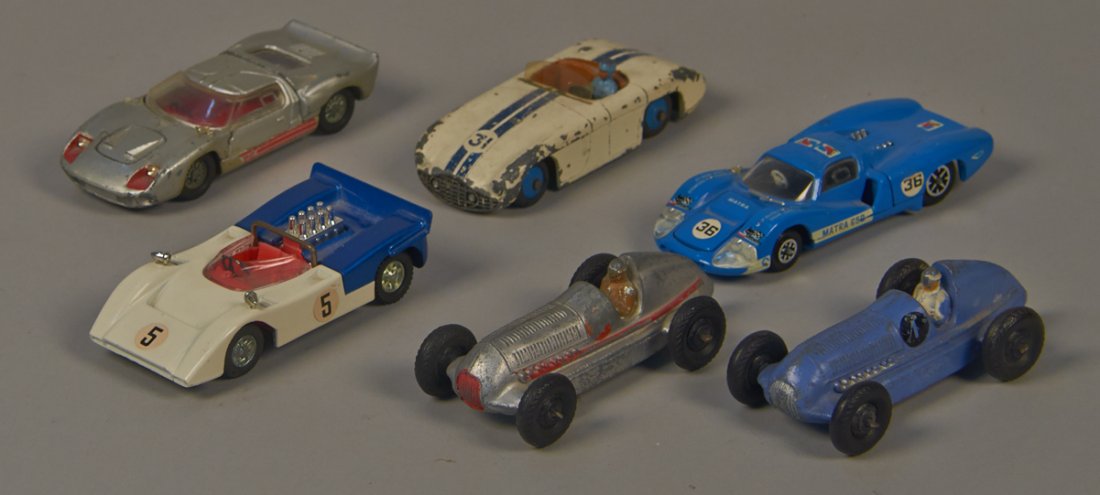 Lot of 6 - Dinky Toys Die-Cast Toy Race Cars, Made In E: Lot of 6 - Dinky Toys Die-Cast Toy Race Cars, Made In England: 1 - No. 133 Cunningham C-5R w/ driver, 1 - Ford 40 RV, 1 - Matra 630, 1 - No. 223 Mclaren M8A & 2 - No. 186 Mercedes Benz w/ drivers - al