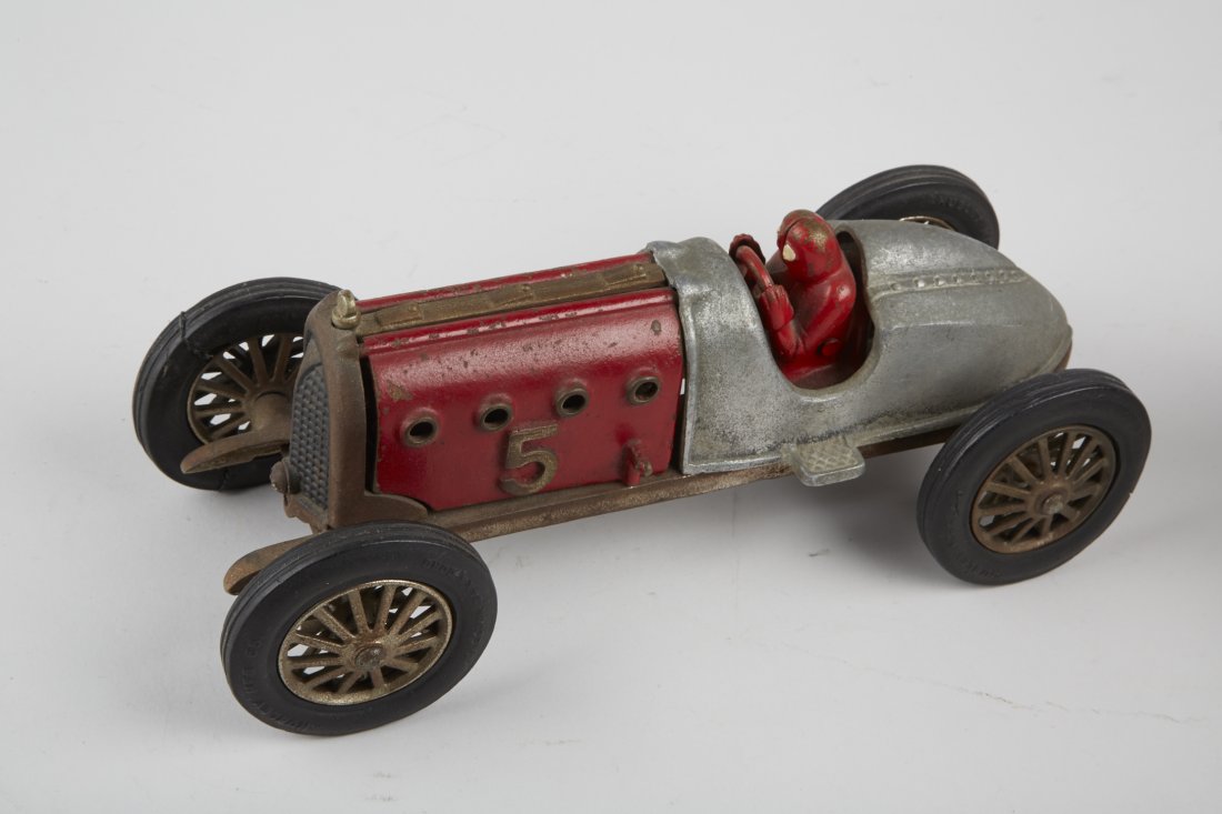 Hubley Painted & Nickeled-Iron Toy Race Car: Hubley Painted & Nickel-Iron Toy Race Car No. 5, hood raises to show engine, rubber tires w/ spoke hubs, in original condition - 9-1/2"l