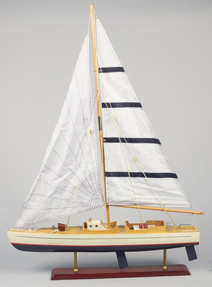 Static Model Wooden Sailboat on Wood Base: Static Model Wooden Sailboat on Wood Base w/ mast, ropes & cloth sails, Great detail, Excellent condition - 27" x 4 1/2" x 37"h