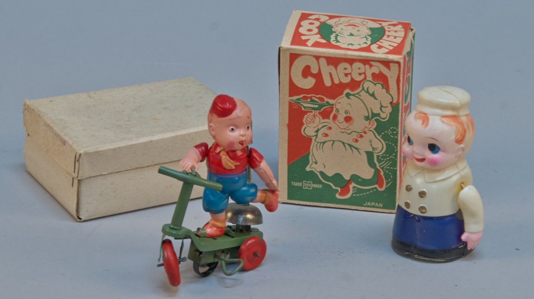 Lot of 2 - Vintage Made In Occupied Japan Celluloid Win: Lot of 2 - Vintage Made in Occupied Japan Celluloid Wind-Up Toys, c1945-1952: 1- Cheery Cook (right arm & mech. missing) - 4-1/2"h. & 1- Boy on Tin Scooter, in very good condition - 4-1/2"h., both w/ 