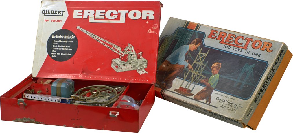 Lot of 2 - A.C. Gilbert Erector Sets w/ Original Boxes:: Lot of 2 - A.C. Gilbert Erector Sets w/ Original Boxes, No. 6 1/2 & No. 10051 "The Electric Engine Set" w/ 3 instructional books (may not be complete)