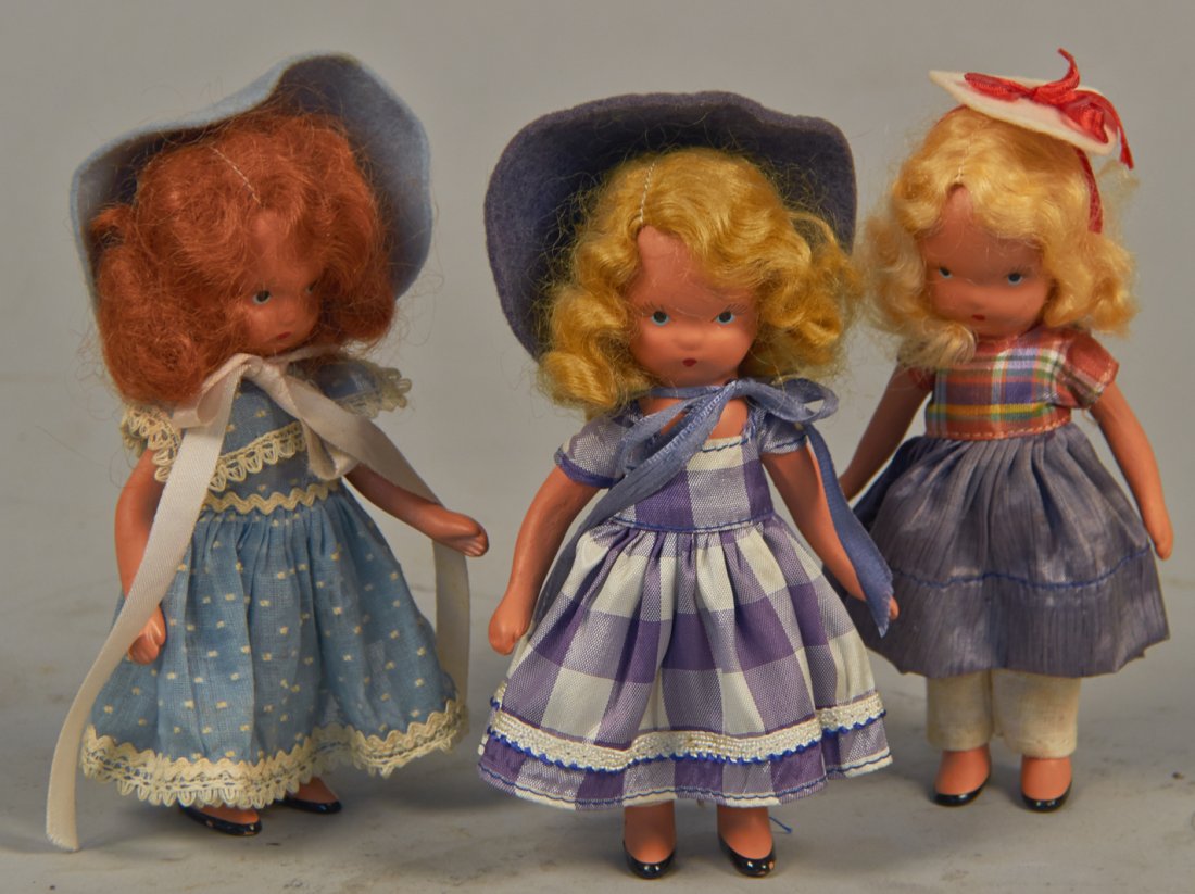 Lot of 3 - Nancy Ann Story Book No. 9 Little Betty Blue: Lot of 3 - Nancy Ann Story Book No. 9 Little Betty Blue, Bisque Dolls, In Original Boxes: 1 - Polka Dot Dress 1 - Plaid Dress 1 - Plaid Top, Blue Skirt