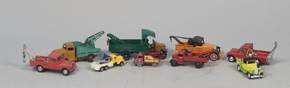 Lot of 9 - Misc. Die-Cast Toy Wrecker Tow Trucks, Inclu: Lot of 9 - Misc. Die-Cast Toy Wrecker Tow Trucks, Including: Matchbox, Lesney, Dinky Toys, Corgi Toys, etc