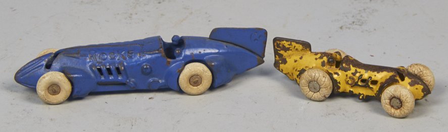 Lot of 2 - Kilgore, Cast-Iron "Rocket" Toy Race Cars c1: Lot of 2 - Kilgore, Cast-Iron "Rocket" Toy Race Cars c1930's w/ white rubber tires: 1 - 6-1/2"l. & 1 - 4-1/2"l., both look to be in original condition
