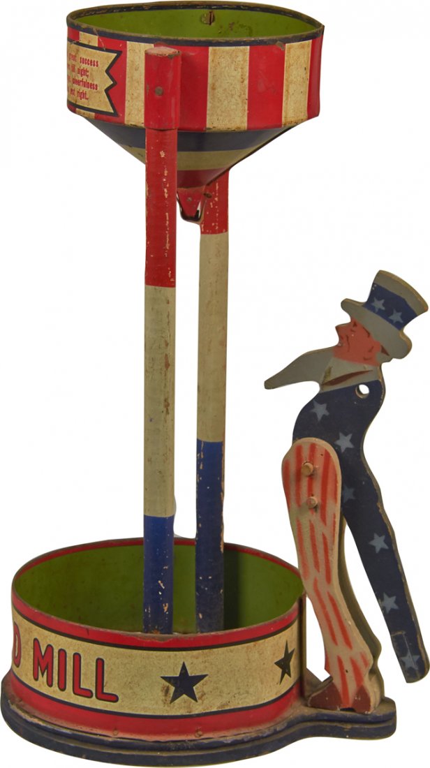 Early Countertop Uncle Sam "Yankee Sand Mill": Early Countertop Uncle Sam "Yankee Sand Mill", Painted wood & tin, Original condition - 18"h