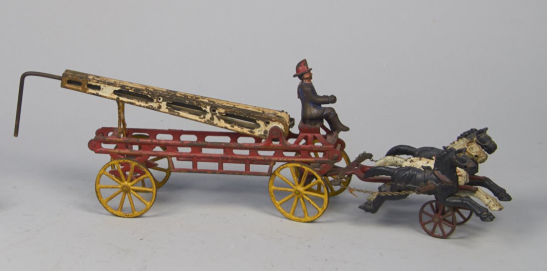 Vintage Painted Cast-Iron & Metal Hook & Ladder Fire: Vintage Painted Cast-Iron & Metal Hook & Ladder Fire Engine Truck Toy w/ 3 horses & 1 man w/ wheels - 22"l