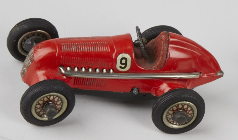 Schuco Die-Cast Studio No. 1050 Toy Race Car: Schuco Die-Cast Studio No. 1050 Toy Race Car, Made In Germany, DIV. D.R.G.M., Pre-War, Wind-Up, Red No. 9 w/ tools - 5-1/2"l