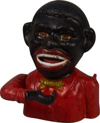 "Jolly N" Painted Cast-Iron Mechanical Bank: "Jolly N" Painted Cast-Iron Mechanical Bank by John Harper & Co. England. Place coin in hand, press lever, he deposits coin in mouth & eyes roll back. Great condition.