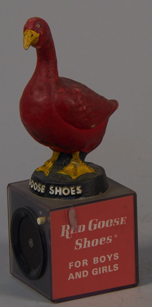 General Electric Red Goose Shoes Transistor AM Radio: General Electric Red Goose Shoes Transistor Battery AM Radio, Hong Kong, Radio case is a plastic cube w/ wood composite goose - 3 5/8" x 3 5/8" x 10"