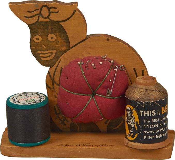 Lot of 2 - Vintage Black Americana Items:: Lot of 2 - Vintage Black Americana Items: 1 - "I HASTA HAVE" wood peg board grocery check list - 5" x 12" & 1 - wooden "Mammy" display w/ shelf & pin cushion, signed "Stockton, KAN." - 6"h