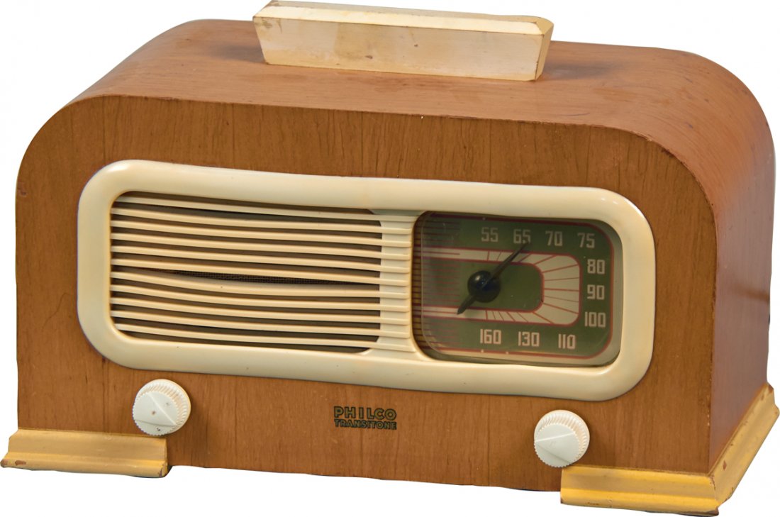 Philco Transitone Model 42-PT95 Art Deco Wood AM Radio: Philco Transitone Model 42-PT95 Tabletop Art Deco Wood AM Radio w/ plastic grill/escutcheon & 2 knobs, AC/DC 115 v - 13" x 6 1/2" x 8 1/4"