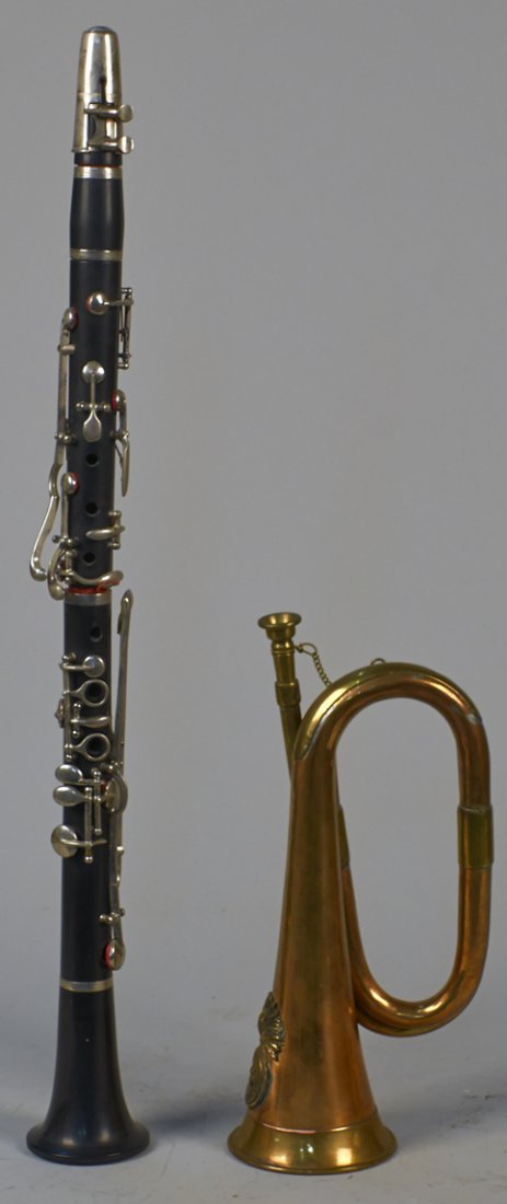 Lot of 2 - Wind Musical Instruments:: Lot of 2 - Wind Musical Instruments: 1 - brass bugle No. 23 Royal Welsh Fusiliers & 1 - clarinet