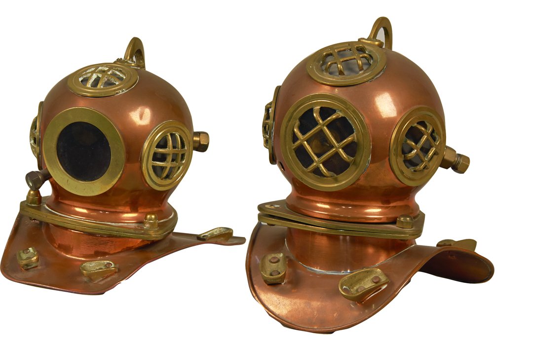 Lof of 2 - Miniature Brass Figural Deep Sea Dive Helmet: Lof of 2 - Miniature Brass Figural Deep Sea Dive Helmets - each approx. 8"h