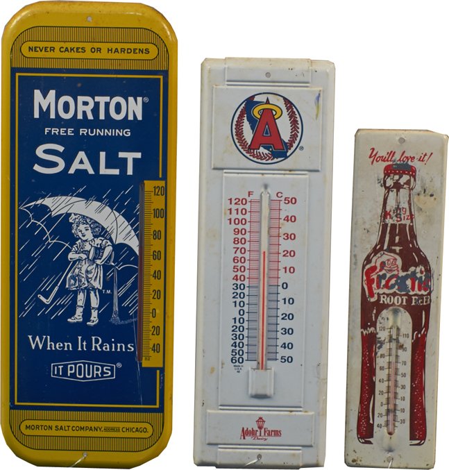 Lot of 3 - Misc. Embossed Tin Advertisement Thermometer: Lot of 3 - Misc. Embossed Tin Advertisement Thermometer Signs: 1 - Morton Sat - 6" x 16", 1 - Adohr Dairy Farms - 5" x 15" & 1 - Frostie Root Beer - 3" x 12"