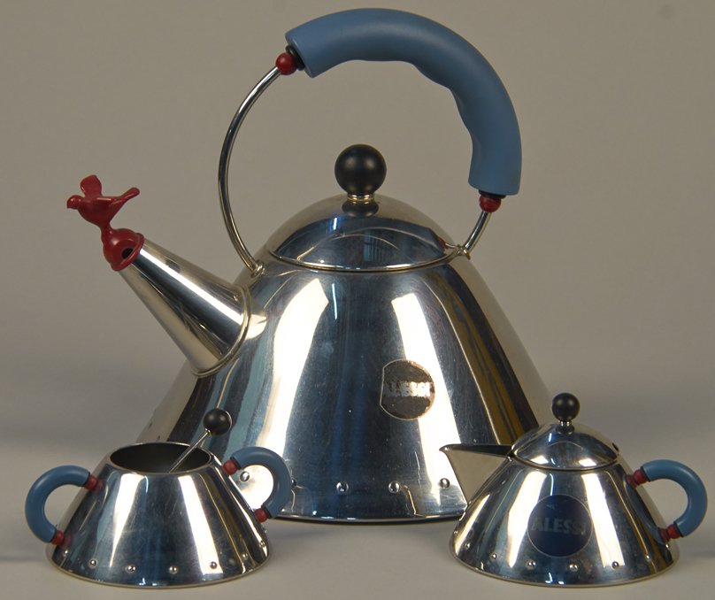 Alessi 9093 Michael Graves Stainless Steel Full Tea Set: Alessi 9093 Michael Graves Stainless Steel Full Tea Set c1985, Post Modern design w/ light blue handles & red bird whistle. Includes full size whistling kettle, sugar bowl w/ spoon & milk jug creamer.