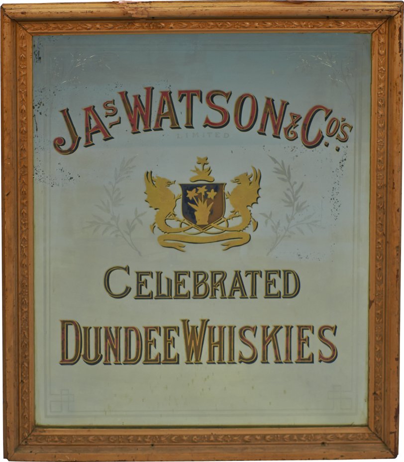 Large JAs. Watson & Co.'s Celebrated Dundee Whiskies: Large JAs. Watson & Co.'s Celebrated Dundee Whiskies Reverse on Glass Advertising Pub Mirror in Ornate Frame, Gold detail - 37" x 43"