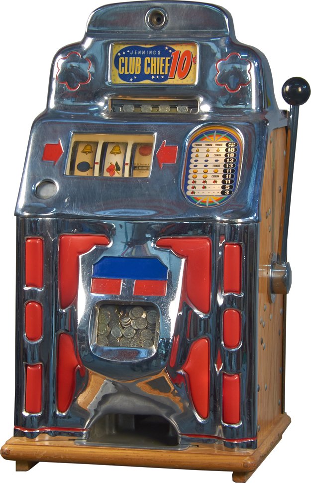 10 Cent O.D. Jennings Club Chief Super Deluxe Slot: 10 Cent O.D. Jennings Club Chief Super Deluxe "Chinese" Escalator Bell Slot Machine c1945 w/ jackpot w/ key