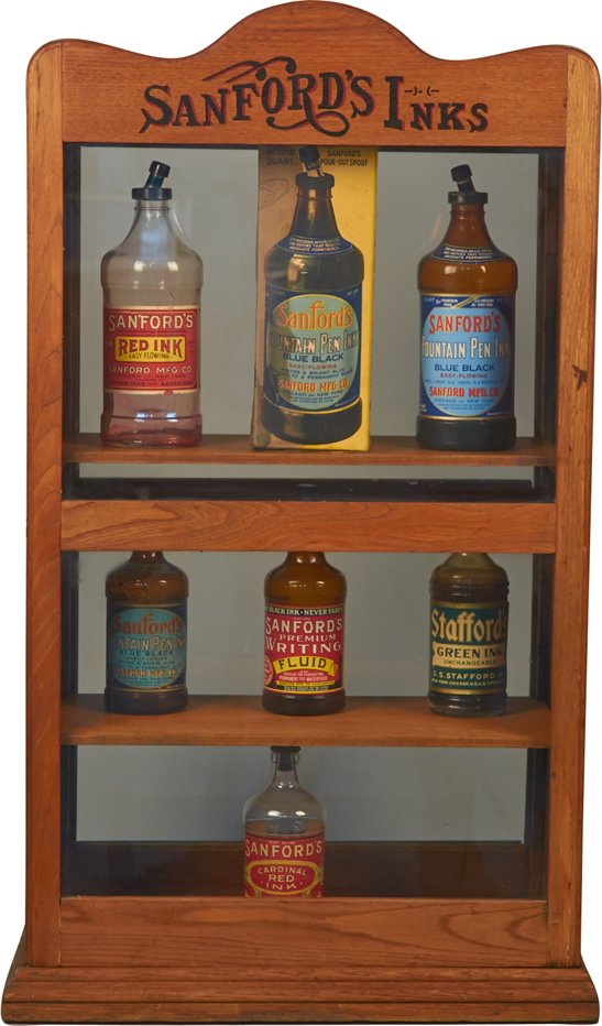 Sanford's Inks Wood & Glass Display Cabinet Showcase: Early Sanford's Inks Wood & Glass Display Cabinet Showcase w/ 6 bottles of various sizes of Sanford's & Stafford's ink in different colors w/ spouts & decals, 1 w/ original box, Double-sided cabinet (