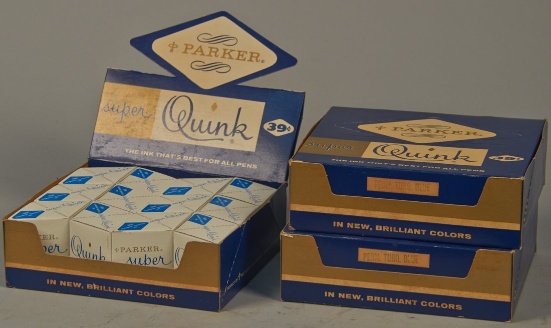 Lot of 3 Cartons of Parker Super Quick Ink Bottles: Lot of 3 Cartons of Parker Super Quick Ink Bottles, Cardboard counter display cartons w/ 12 individually packaged (in cardboard boxes) 39 cent diamond-shaped glass bottles of permanent turquoise blue 