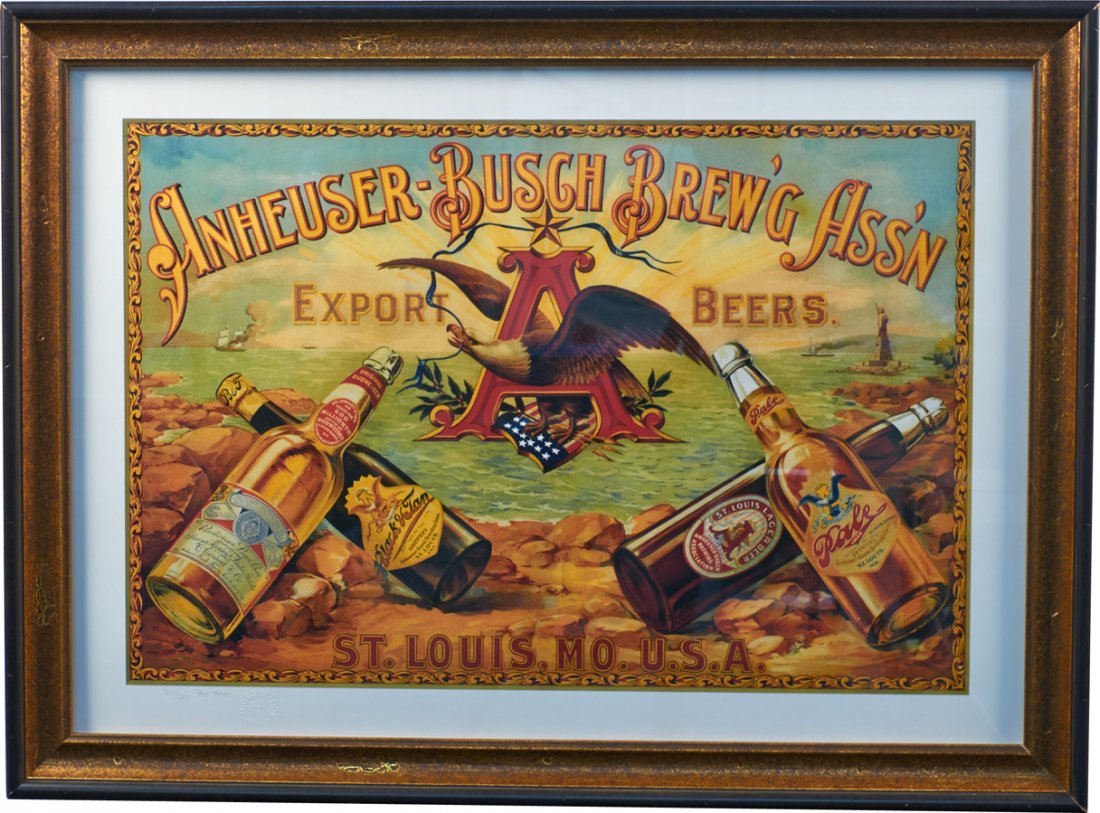 Anheuser Busch Brew'g Ass'n. Limited Edition Litho. Pri: Anheuser Busch Brew'g Ass'n. Limited Edition Litho. Print 309/500, copy of original pre-1900 advertisement, in frame - 35" x 26"