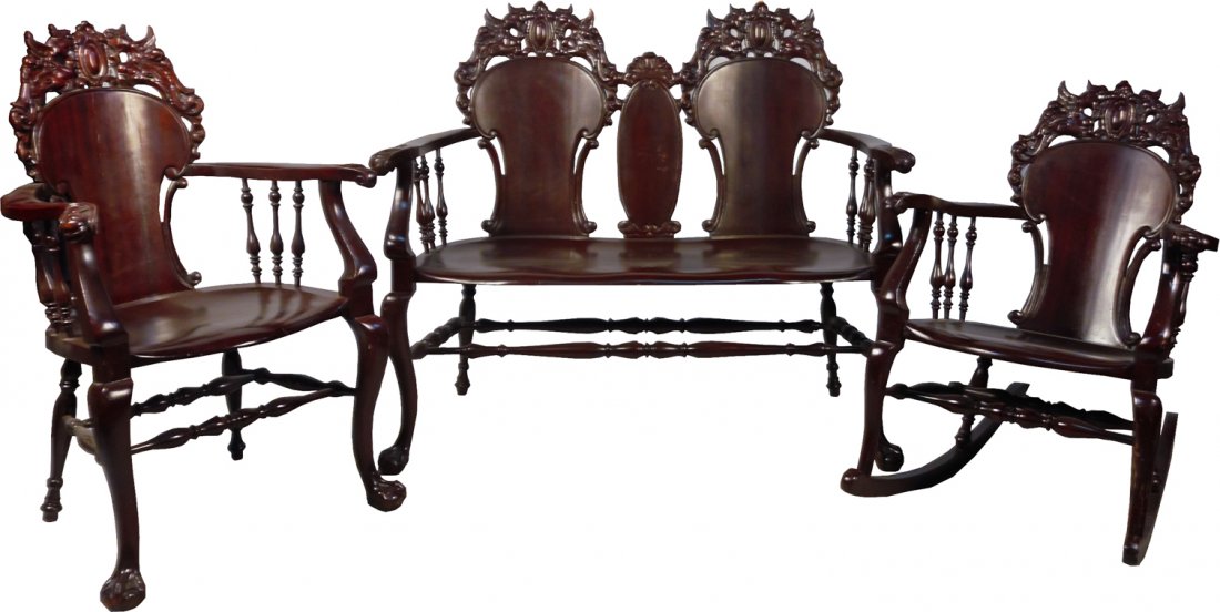 3-Piece Set of Antique Stickley & Brandt Wood Furniture: 3-Piece Parlor Set of Antique Stickley & Brandt Wood Furniture, circa turn of the century: 1 - Rocking chair w/ claw ball feet - 34"h x 24"w x 32"d, 1 - Armchair w/ claw ball feet - 39"h x 24"w x 20"d
