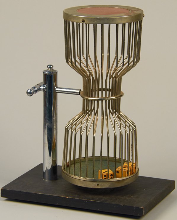 Chuck-A-Luck Game Metal Wire Hourglass Cage: Chuck-A-Luck Game Metal Wire Hourglass Cage w/ 3 Dice On Wood Base - 15"h